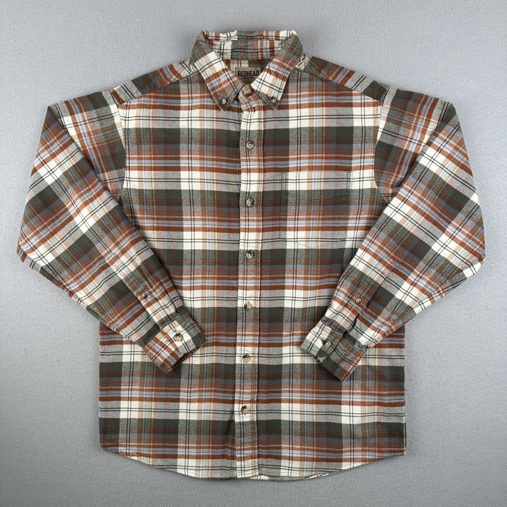 Red Head Orange Green Flannel Shirt Men's M Prairie Plaid Outdoors 100% Cotton